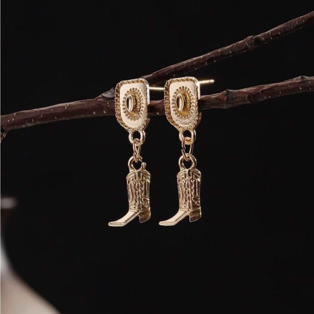 Cowboy boot hat earrings gold new